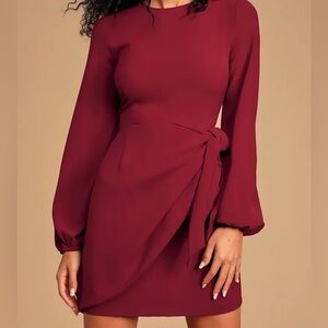 Lulus Believe It or Knot Wine Red Long Sleeve Tie-Front Skater Dress
